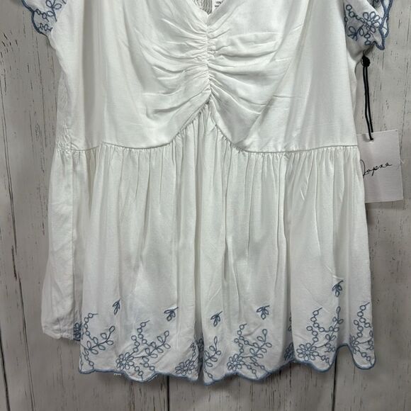 Japna Embroidered White Pleated Boho Short Sleeves Summer Beachy Blouse - Picture 9 of 12